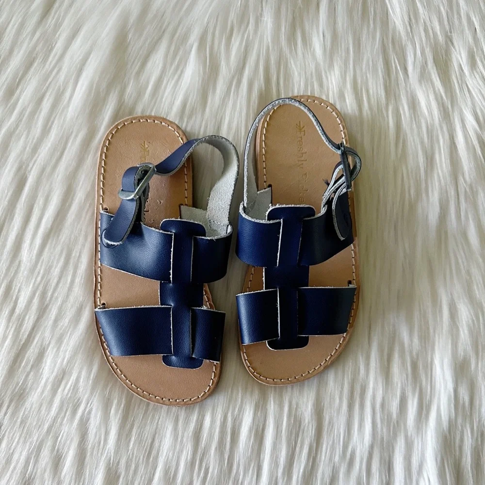Kids Navy Leather Strap Sandals